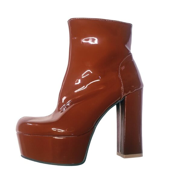 BROWN PLATFORM PATENT GOGO BOOTS - Picture 1 of 7